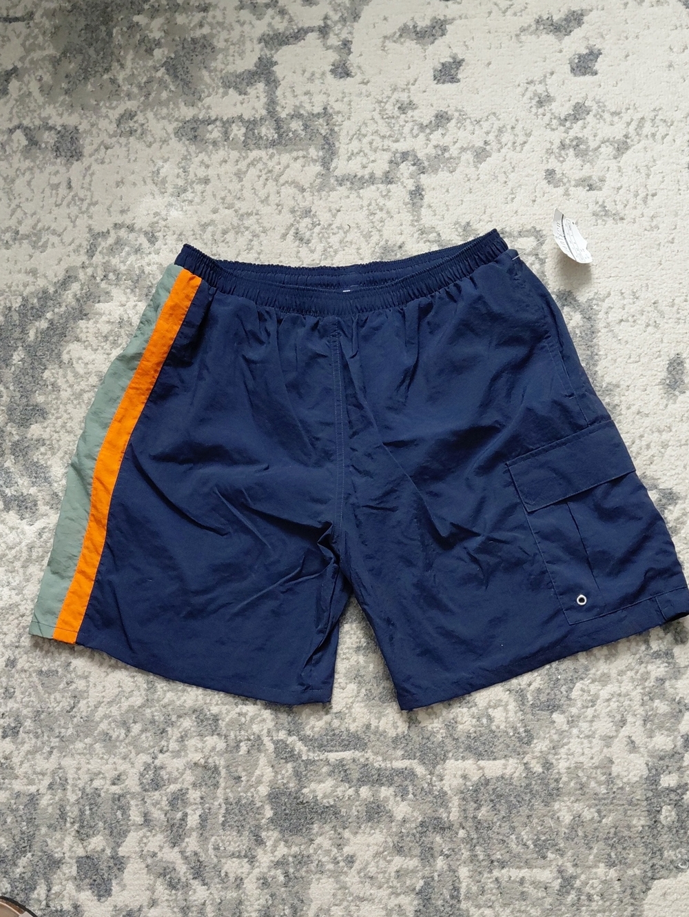 Men's Navy Swim Shorts with Orange & Olive Side Stripe